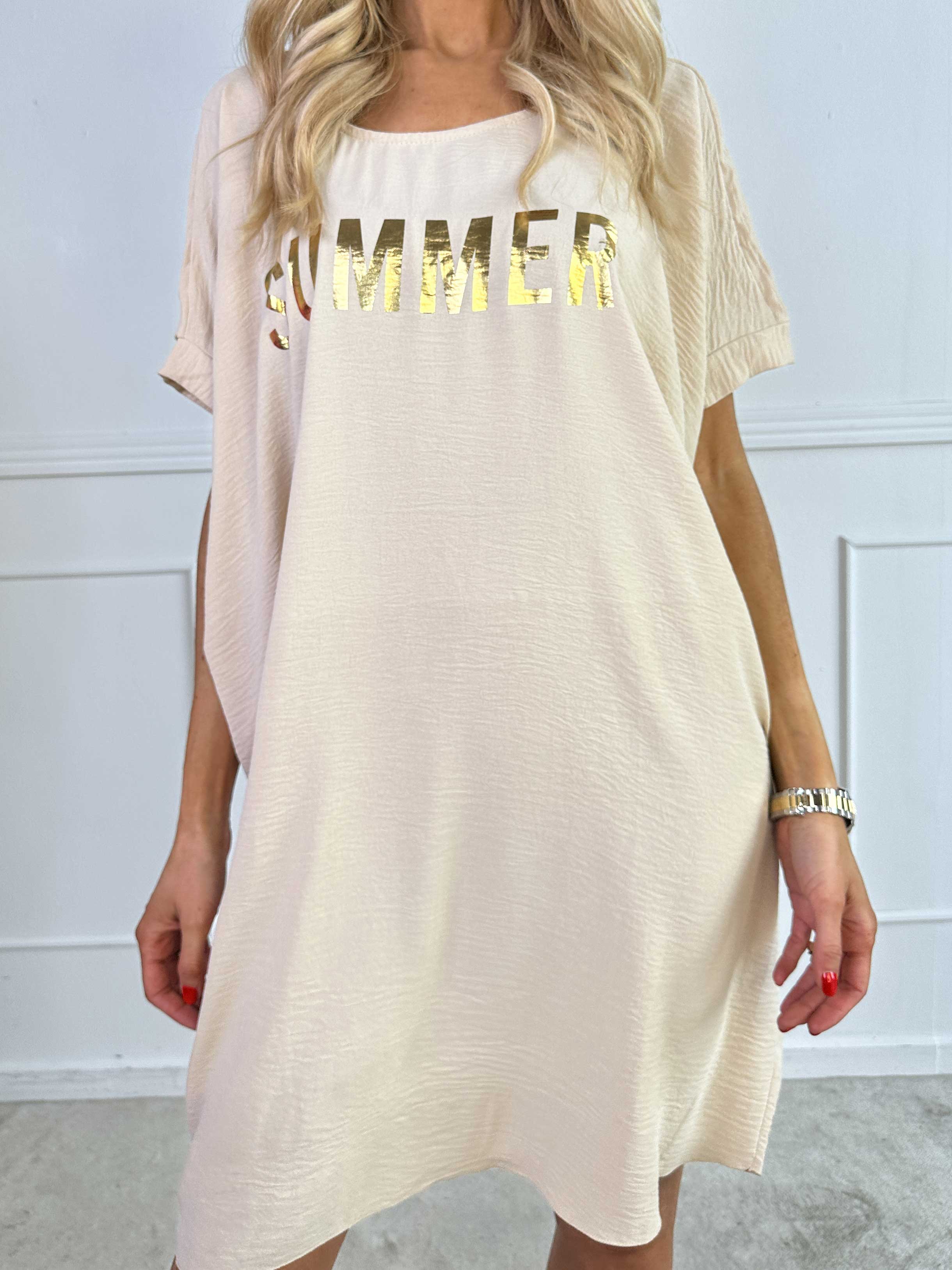 Bine - Sød kjole i løs pasform med guld print på brystet